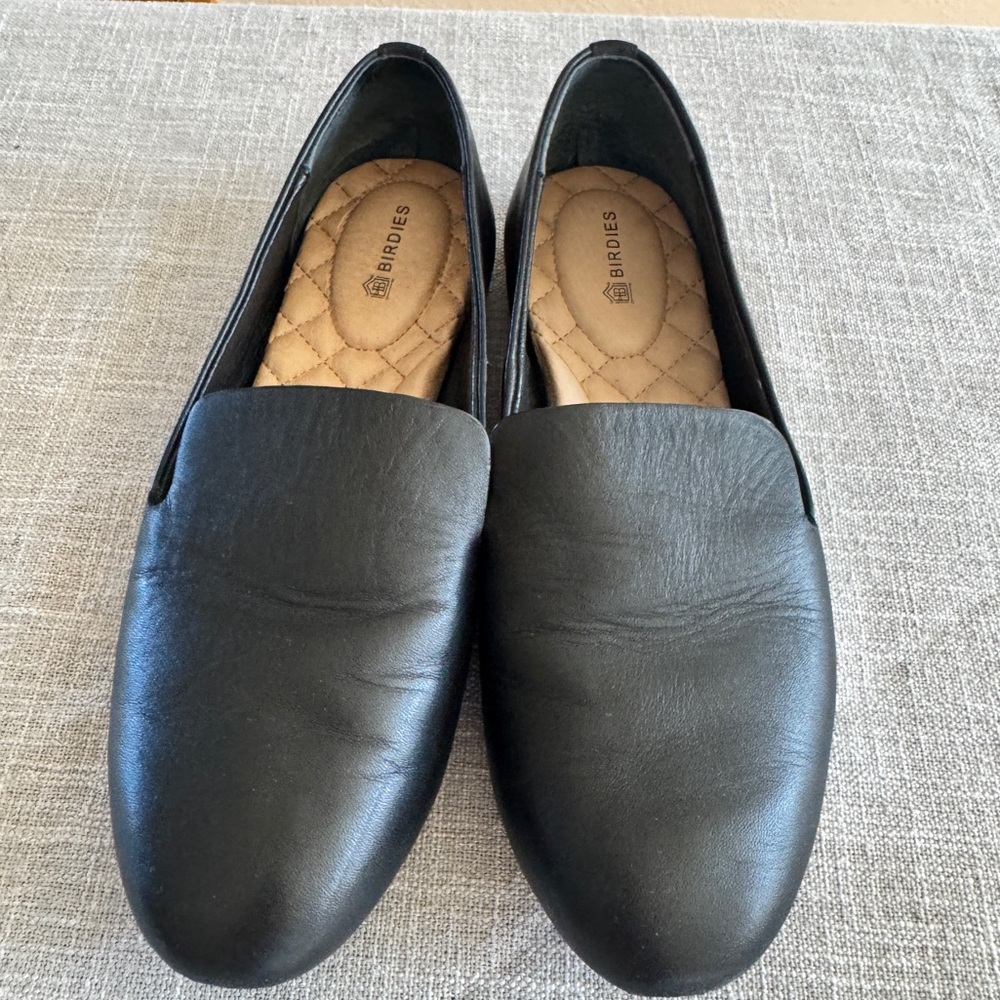 Birdies Black Leather Flats Slip-On Loafers